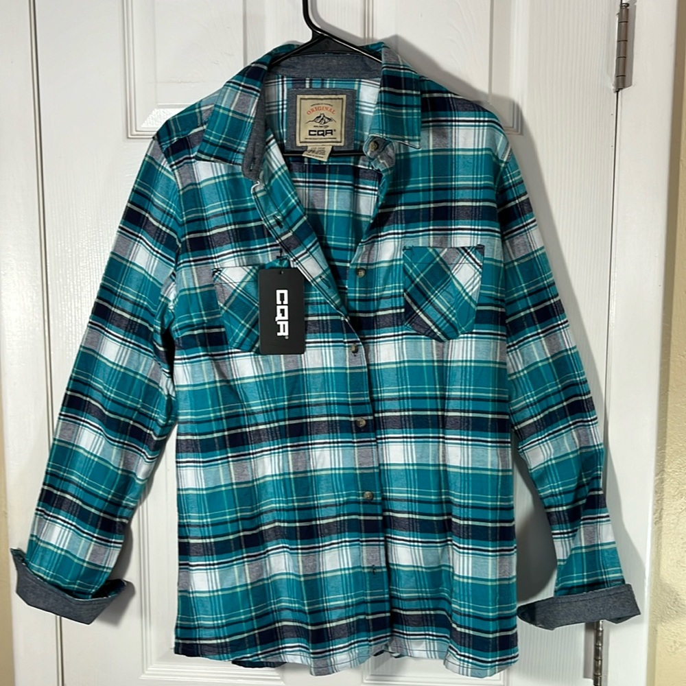 CQR women’s button-down, long sleeve collar plaid western shirt, aqua NWT LG